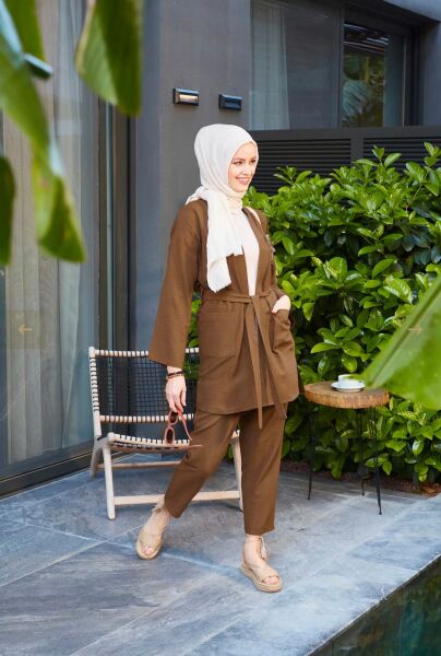 TOPRAK KUŞAKLI BELİ LASTİKLİ İKİLİ PANTOLONLU TAKIM