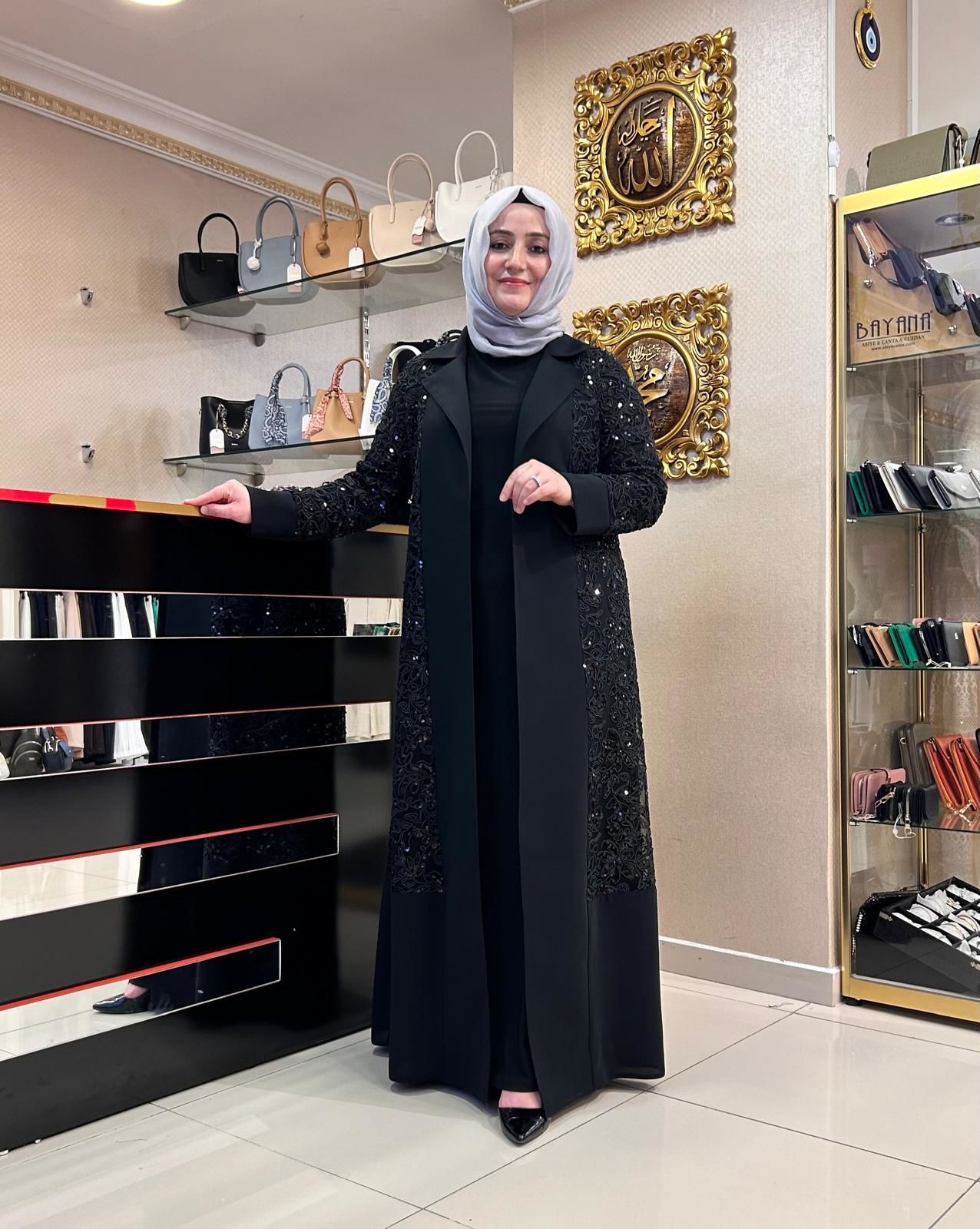 TASVİR/ PAYET İŞLEMELİ İKİLİ ABAYA TAKIM