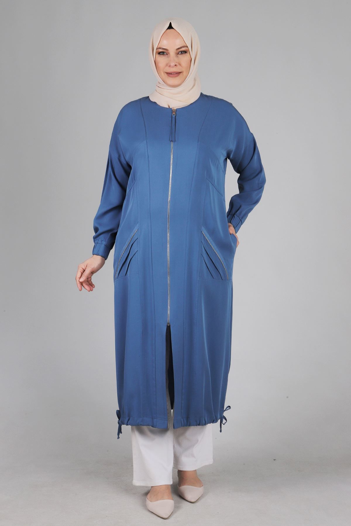 Büyük Beden Tesettür Nervür Detaylı Tensel Kap/ İndigo