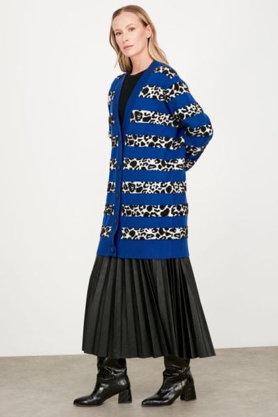LEOPAR ÇİZGİLİ TRİKO HIRKA SAKS