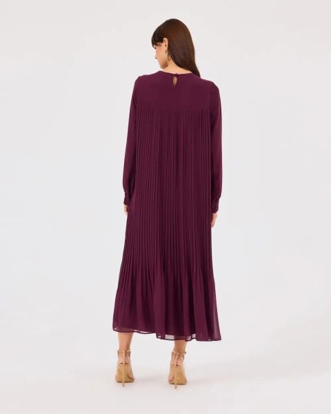 YUVARLAK YAKA PİLELİ  UZUN KOLLU ELBİSE