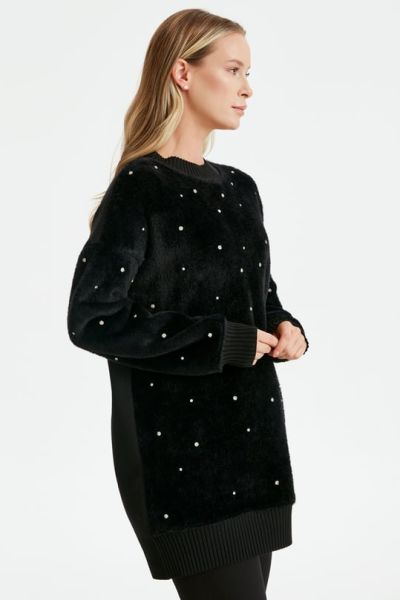 Kristal Serpme Taşlı Triko Tunik SİYAH/EKRU