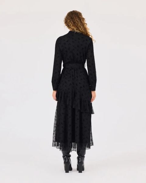 DESENLİ DİK YAKA KEMERLİ ELBİSE