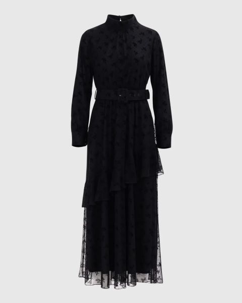 DESENLİ DİK YAKA KEMERLİ ELBİSE