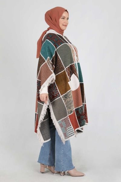 ﻿Büyük Beden Tesettür Patchwork Triko Panço/Behrem