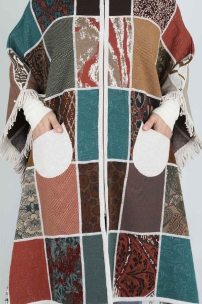 ﻿Büyük Beden Tesettür Patchwork Triko Panço/Behrem