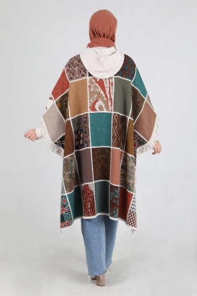 ﻿Büyük Beden Tesettür Patchwork Triko Panço/Behrem