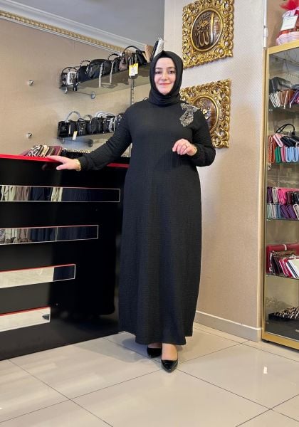 OMUZU BONCUK İŞLEMELİ GOFRE KUMAŞ ELBİSE/NURCAN ÇETİN 25128