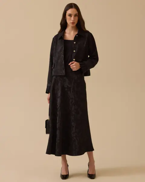 KENDİNDEN DESENLİ JAKAR KUMAŞ ETEK CEKET/ SEÇİL