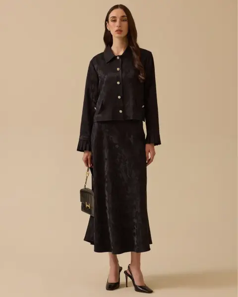 KENDİNDEN DESENLİ JAKAR KUMAŞ ETEK CEKET/ SEÇİL