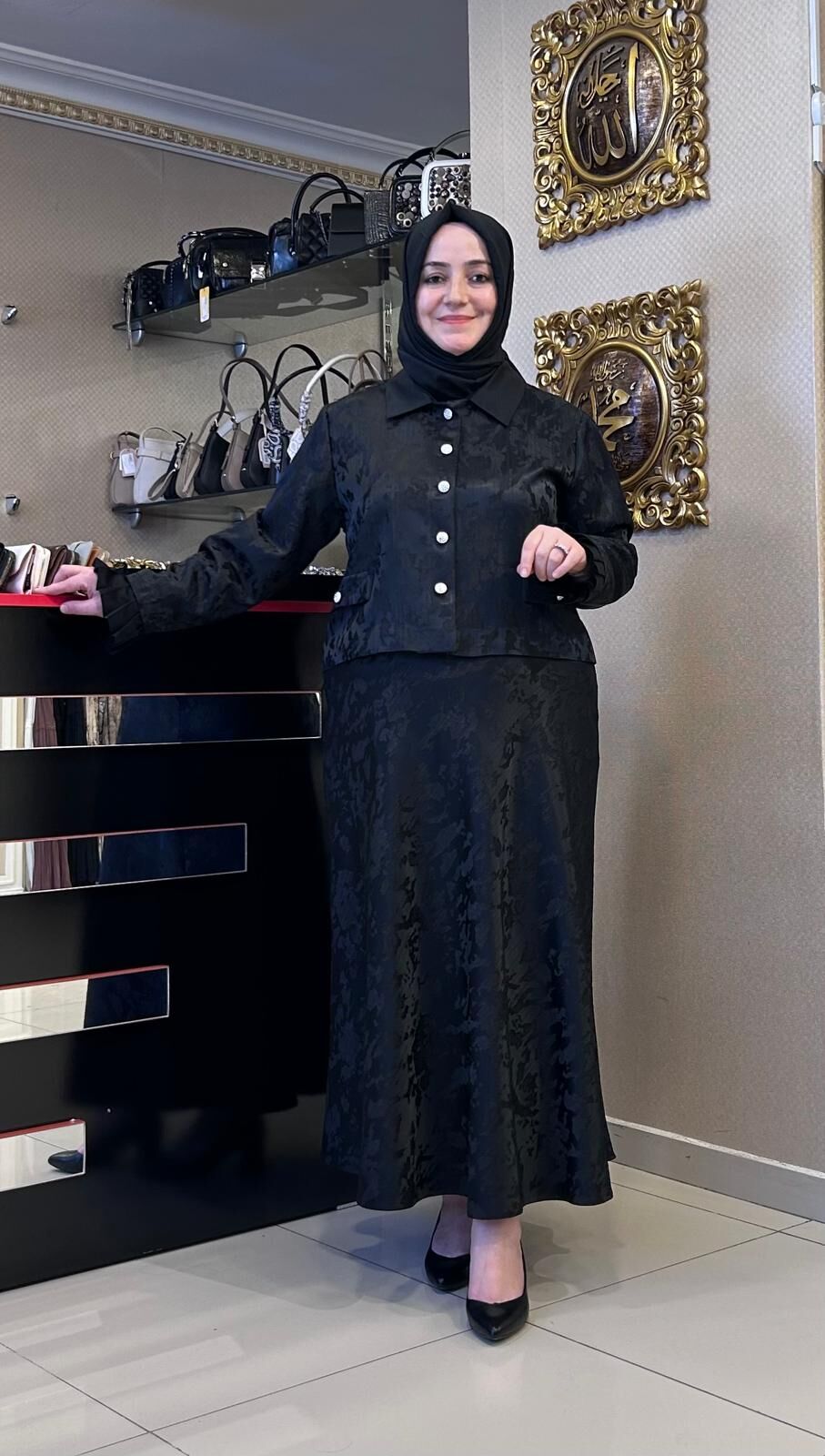 KENDİNDEN DESENLİ JAKAR KUMAŞ ETEK CEKET/ SEÇİL