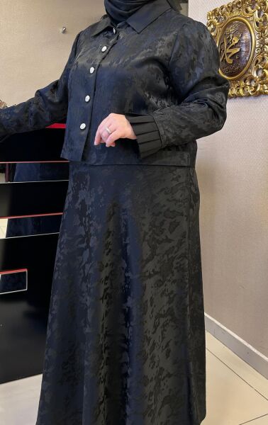 KENDİNDEN DESENLİ JAKAR KUMAŞ ETEK CEKET/ SEÇİL