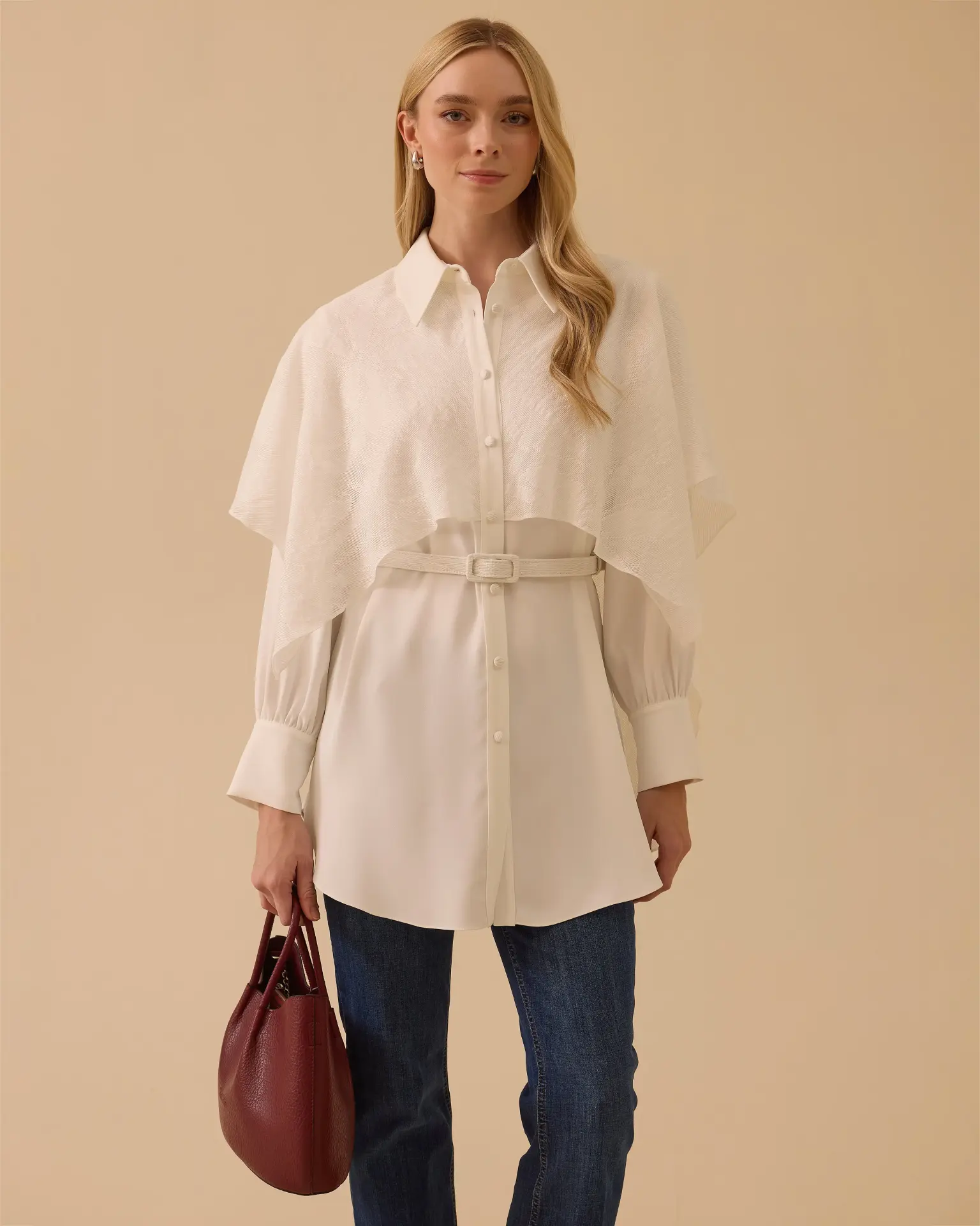 KEMERLİ PELERİN DETAYLI GÖMLEK/ SEÇİL