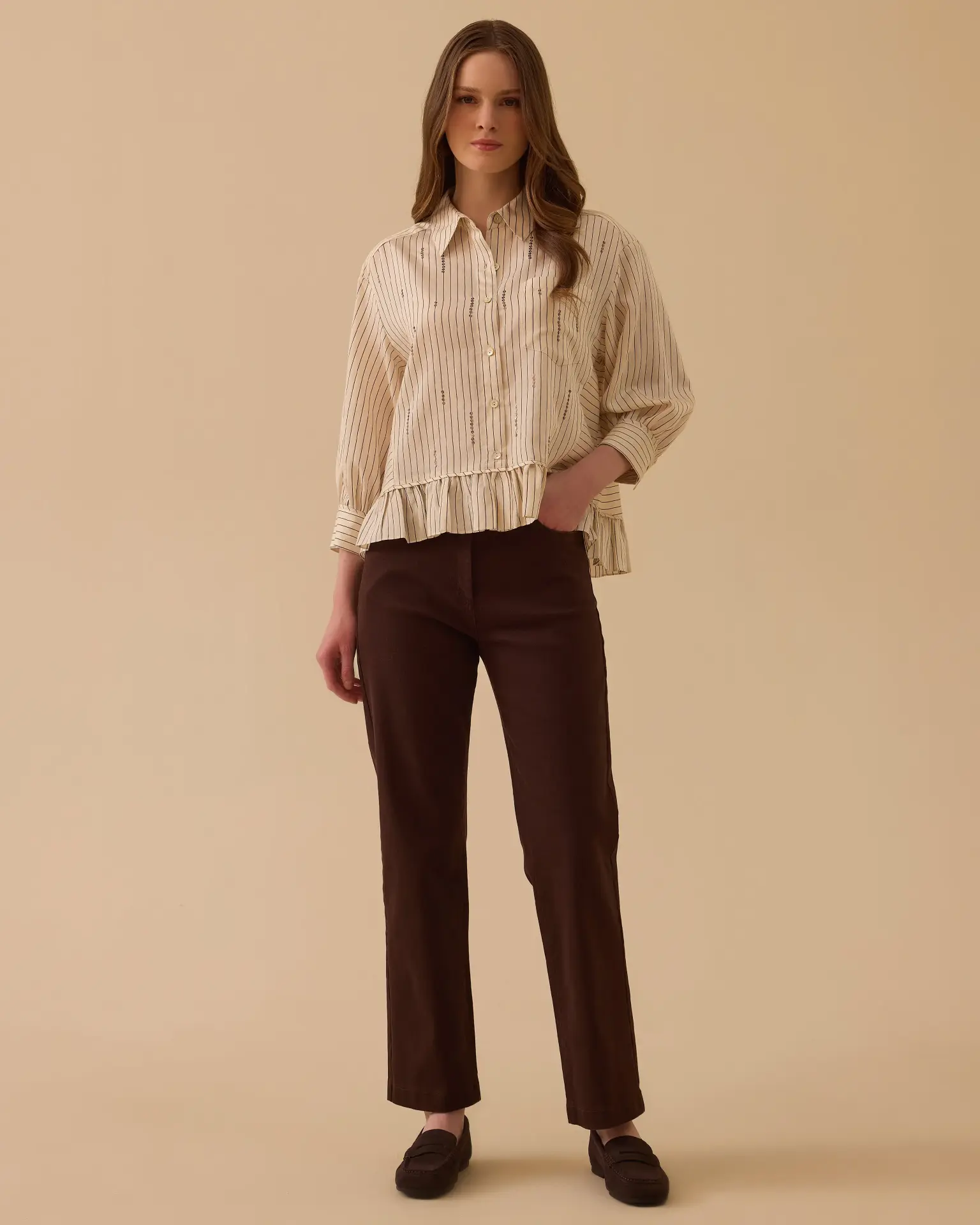 PUL DETAYLI FIRFIRLI ÇİZGİLİ GÖMLEK/ SEÇİL