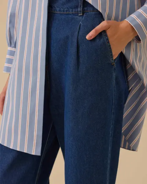 YÜKSEL BEL TEK PİLE BOL PAÇA KOT PANTOLON/SEÇİL   