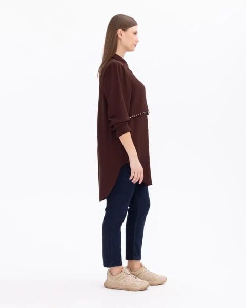 BÜYÜK BEDEN UZUN KOLLU GÖMLEK TUNİK KAHVE