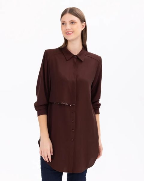 BÜYÜK BEDEN UZUN KOLLU GÖMLEK TUNİK KAHVE