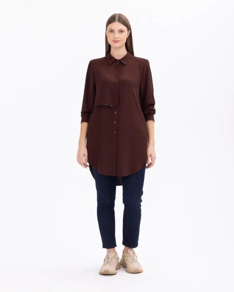 BÜYÜK BEDEN UZUN KOLLU GÖMLEK TUNİK KAHVE