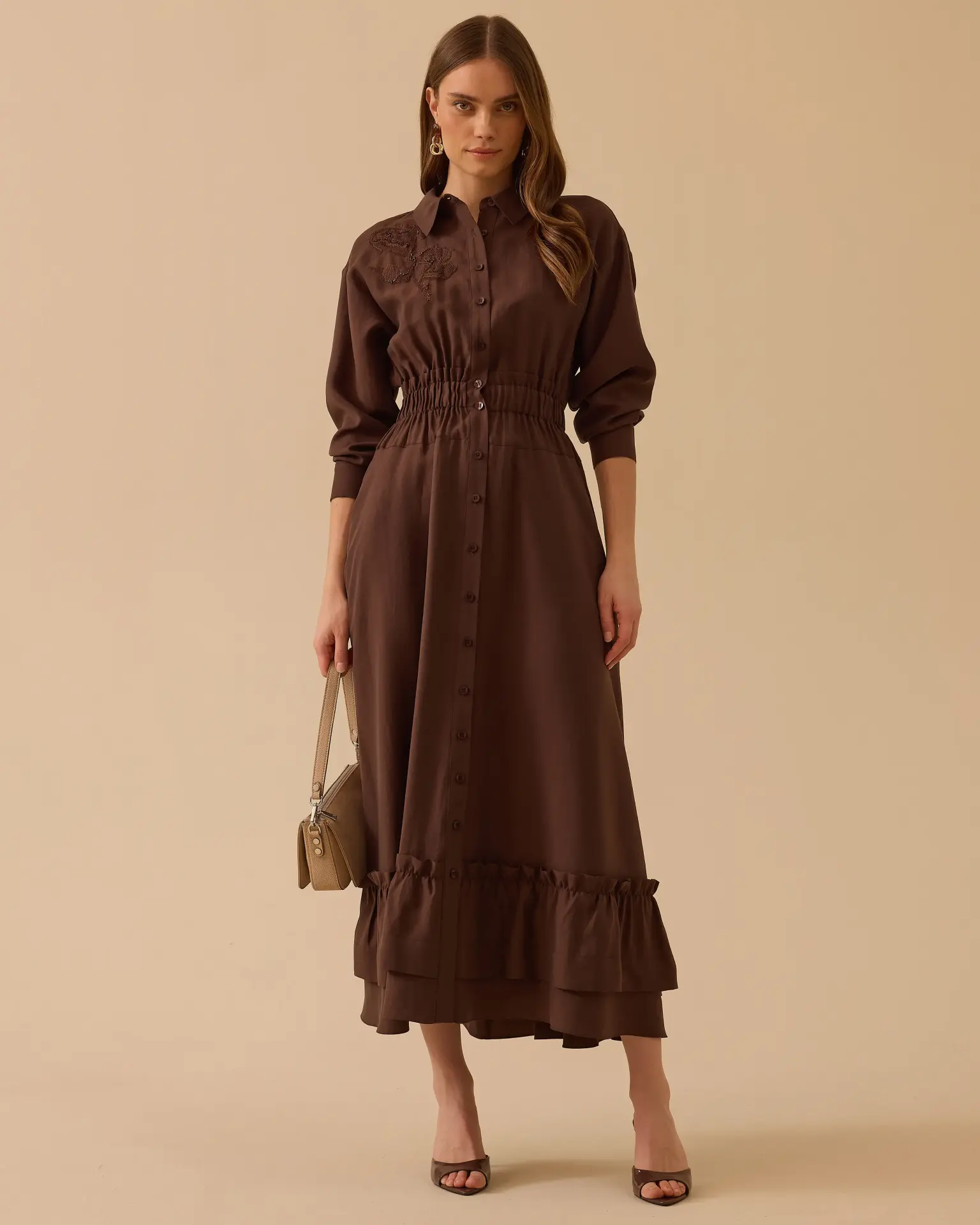 BELİ LASTİKLİ FIRFIRLI DÜĞMELİ ELBİSE /SEÇİL