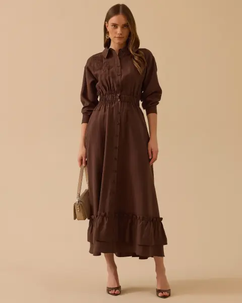 BELİ LASTİKLİ FIRFIRLI DÜĞMELİ ELBİSE /SEÇİL