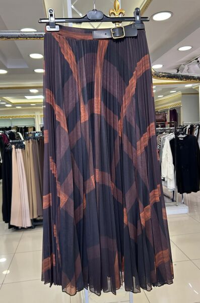 BELİ KEMER AKSESUARLI PİLİSE ŞİFON ETEK /GLARE