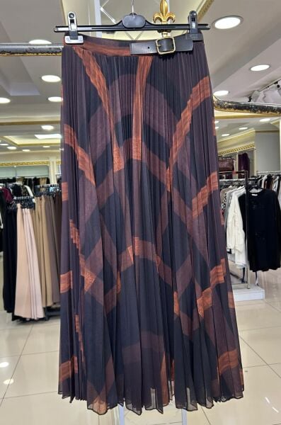 BELİ KEMER AKSESUARLI PİLİSE ŞİFON ETEK /GLARE