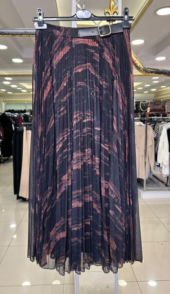 BELİ KEMER AKSESUARLI PİLİSE ŞİFON ETEK /GLARE