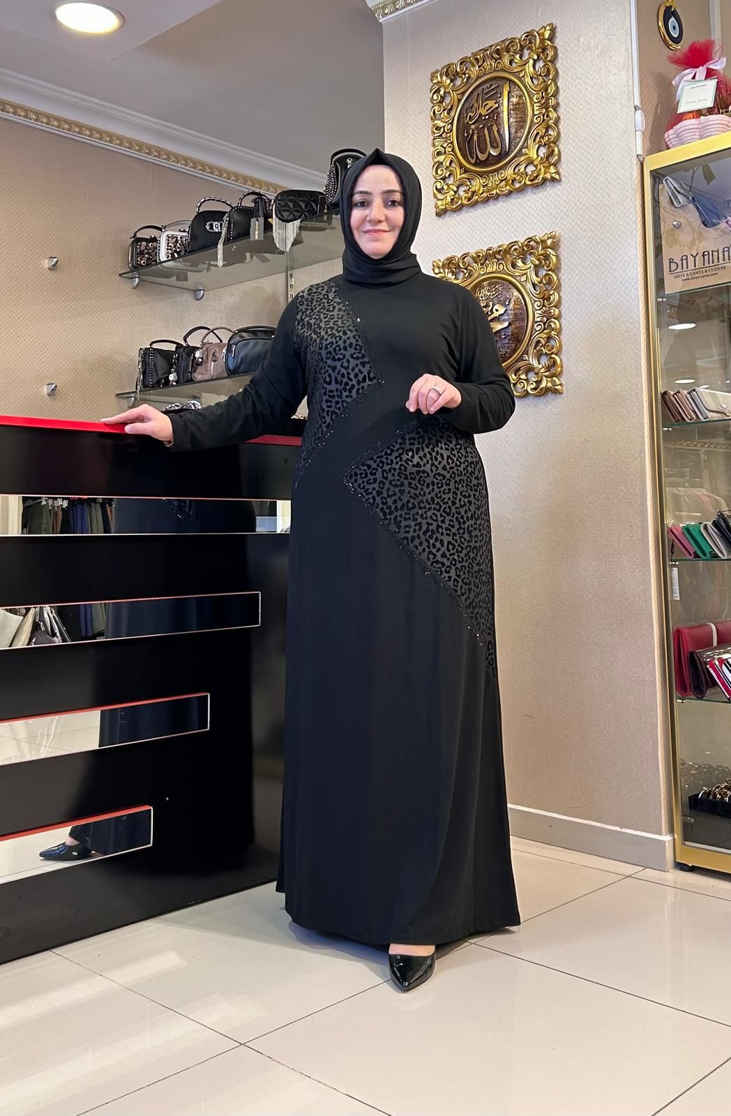 KADİFE LEOPAR DESENLİ TRİKO ELBİSE/BELGİN