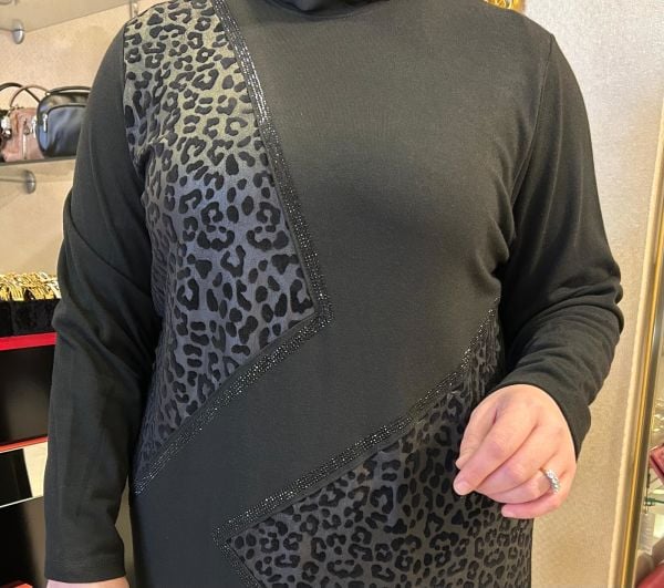 KADİFE LEOPAR DESENLİ TRİKO ELBİSE/BELGİN