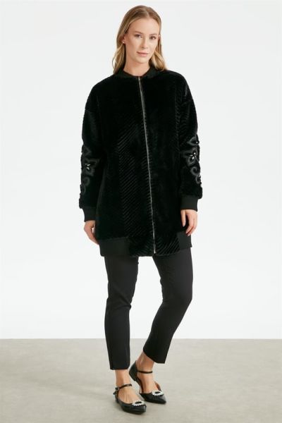 Kolları Deri Nakışlı Kürk Bomber Ceket SİYAH/ TIĞTRİKO