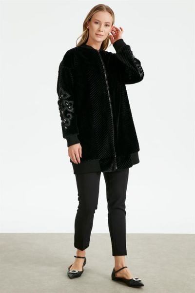 Kolları Deri Nakışlı Kürk Bomber Ceket SİYAH/ TIĞTRİKO