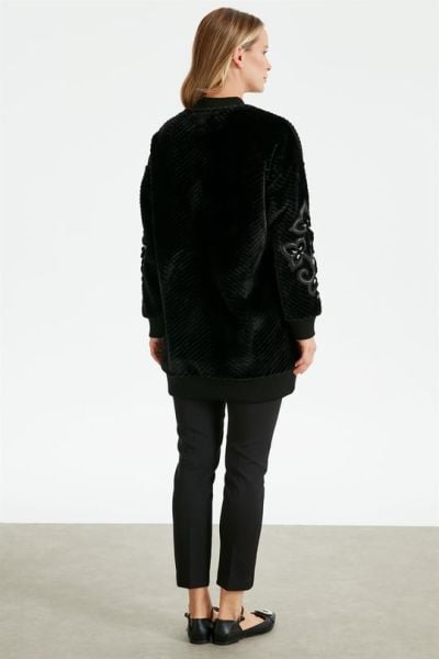 Kolları Deri Nakışlı Kürk Bomber Ceket SİYAH/ TIĞTRİKO