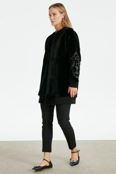 Kolları Deri Nakışlı Kürk Bomber Ceket SİYAH/ TIĞTRİKO