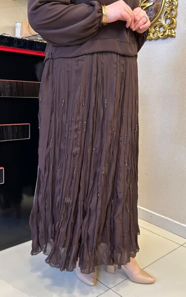 ETEĞİ BONCUK İŞLEMELİ ŞİFON KUMAŞ ELBİSE/ FUAT GÜRŞEN