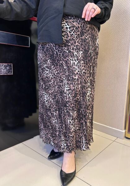 LEOPAR DESENLİ ŞİFON KIRIŞTIRMA ETEK/SENTEZ