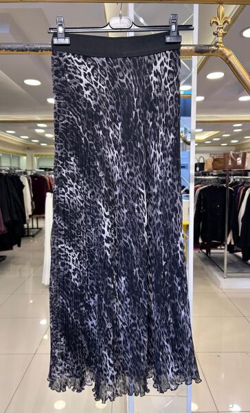 LEOPAR DESENLİ ŞİFON KIRIŞTIRMA ETEK/SENTEZ