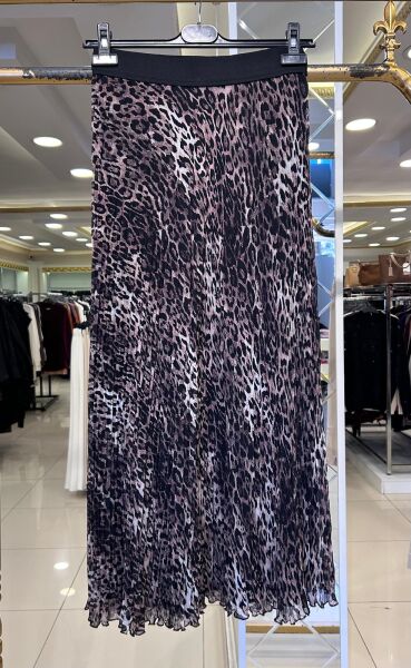 LEOPAR DESENLİ ŞİFON KIRIŞTIRMA ETEK/SENTEZ