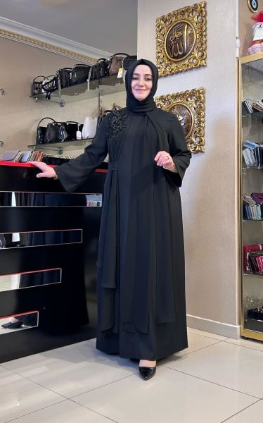 ﻿OMUZU İŞLEMELİ YAKA BAĞLAMALI ELBİSE/MÜSEMMA