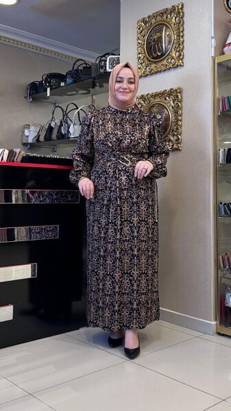 DESENLİ ZİNCİR DETAYLI JAKAR ELBİSE/SEÇİL