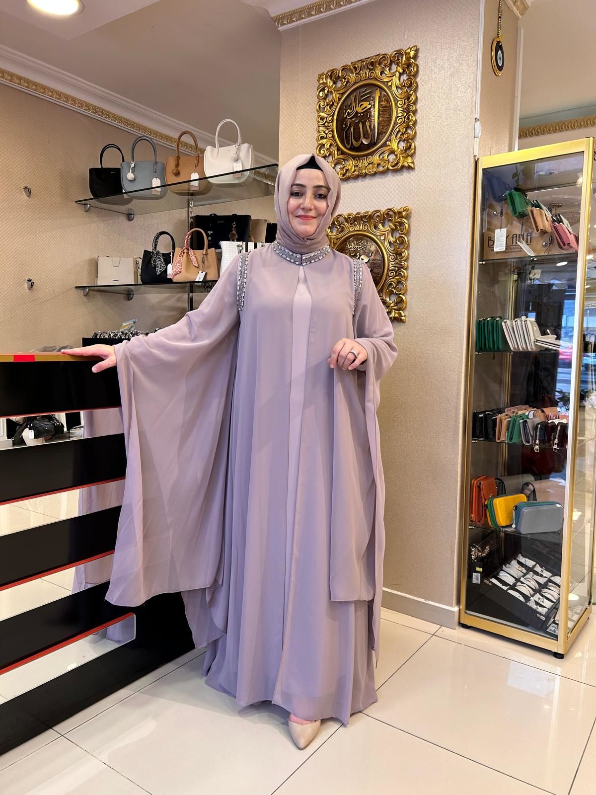 NURCAN ÇETİN İŞLEME DETAYLI ŞİFON ABAYALI İKİLİ TAKIM/ Lila