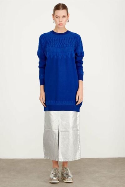 SIFIR YAKA ROBASI DESENLİ TUNİK SAKS/TIĞTRİKO