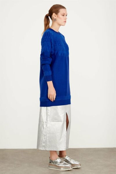 SIFIR YAKA ROBASI DESENLİ TUNİK SAKS/TIĞTRİKO