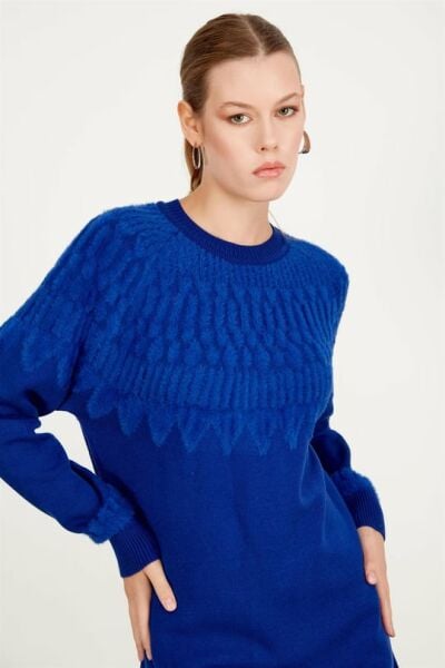 SIFIR YAKA ROBASI DESENLİ TUNİK SAKS/TIĞTRİKO