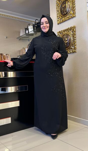 KOLLARI ŞİFON TAŞ İŞLEMELİ ABİYE ELBİSE /TASVİR