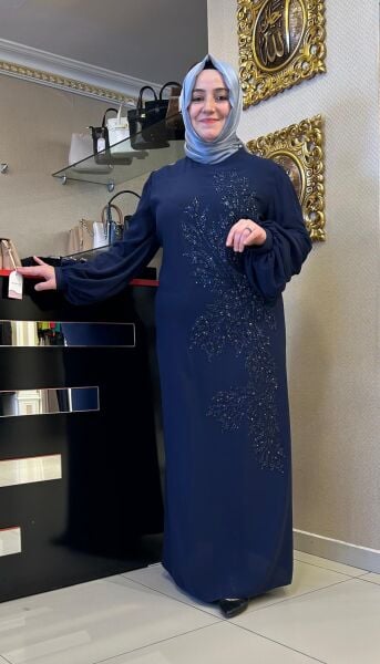 KOLLARI ŞİFON TAŞ İŞLEMELİ ABİYE ELBİSE /TASVİR