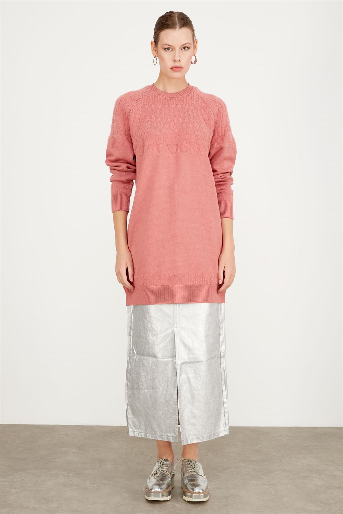 SIFIR YAKA ROBASI DESENLİ TUNİK SOMON /TIĞTRİKO