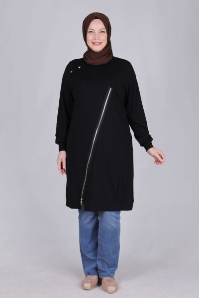 Büyük Beden Tesettür Örme Viskon Spor Tunik Siyah