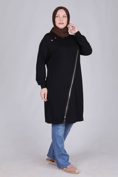 Büyük Beden Tesettür Örme Viskon Spor Tunik Siyah