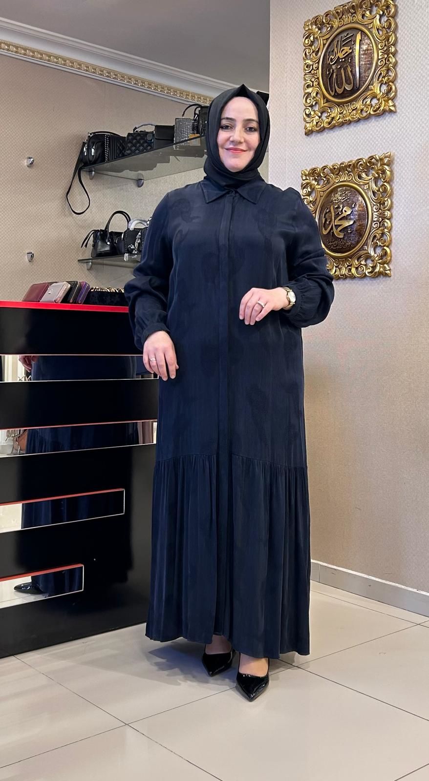 KENDİNDEN DESENLİ İPEK CUPRA ELBİSE/NUSS