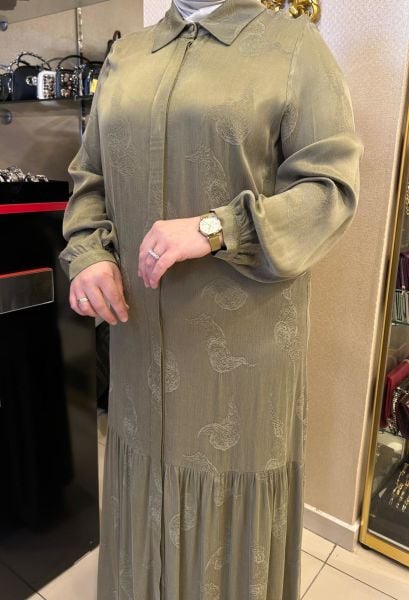 KENDİNDEN DESENLİ İPEK CUPRA ELBİSE/NUSS